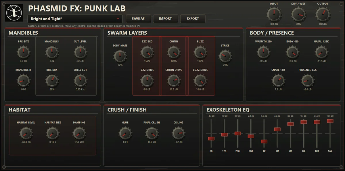 The PUNK LAB plugin interface, with Mandibles, Swarm Layers, Body/Presence, Habitat, Crush/Finish and Exoskeleton EQ modules